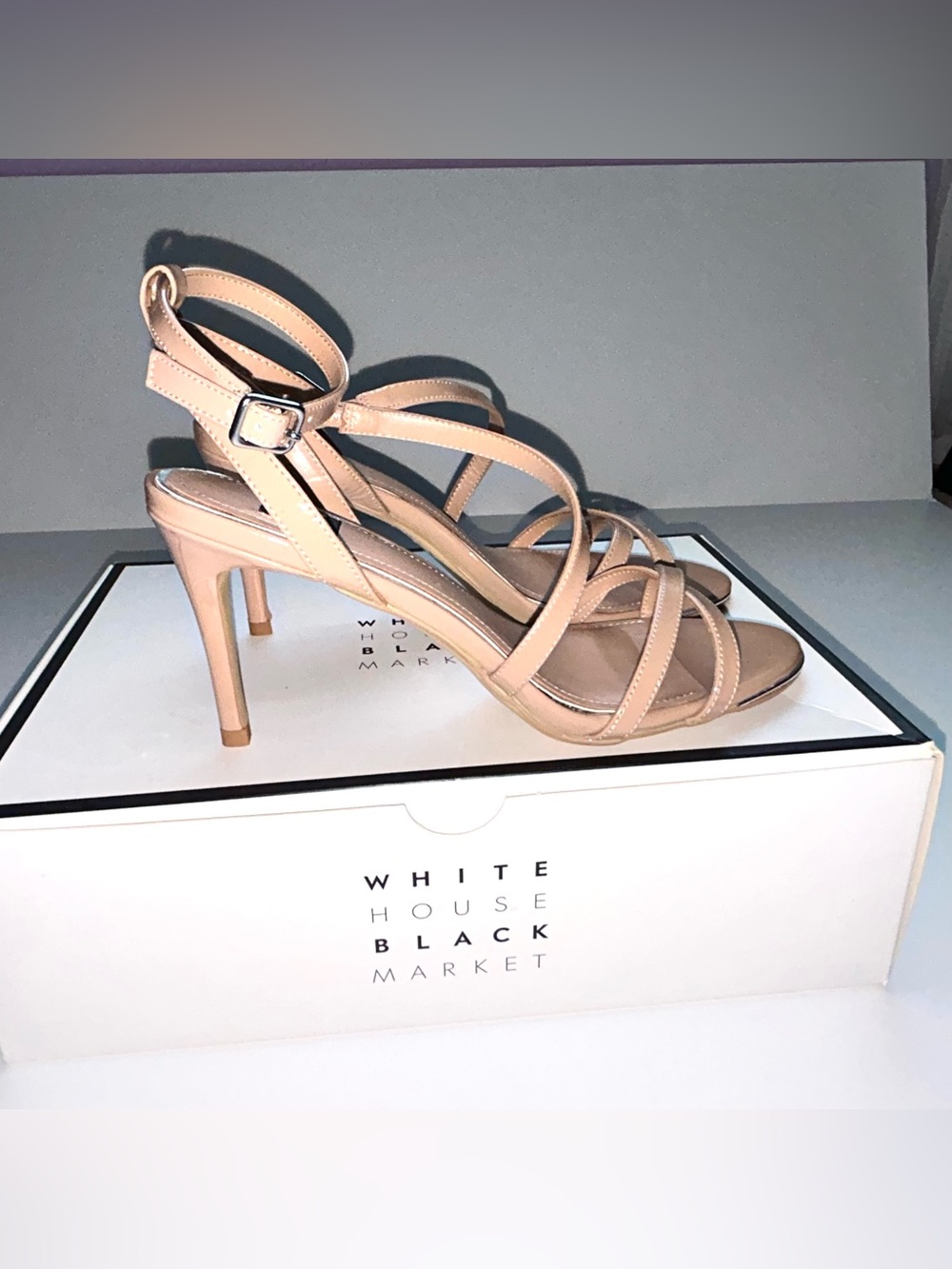 White House Black Market Adriana Patent Strappy Heeled Sandals Nude Tan Size 6